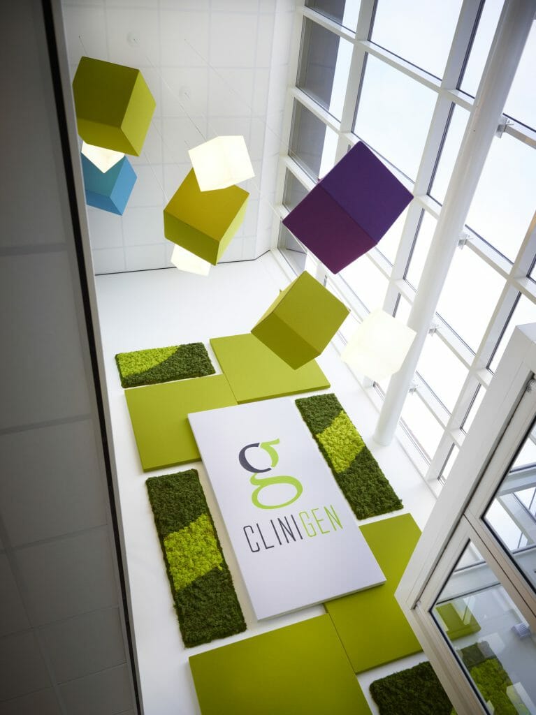 Office refurbishment of Clinigen headquarters featuring a living wall
