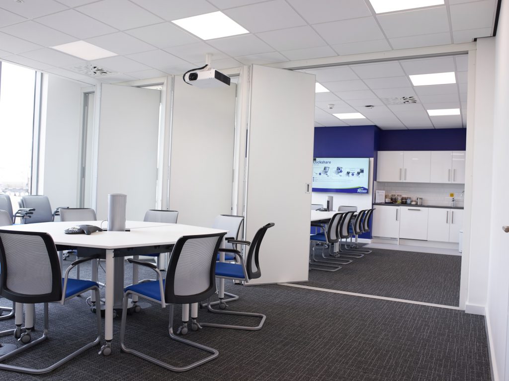 Video conference room design at an agribusiness office in Suffolk.