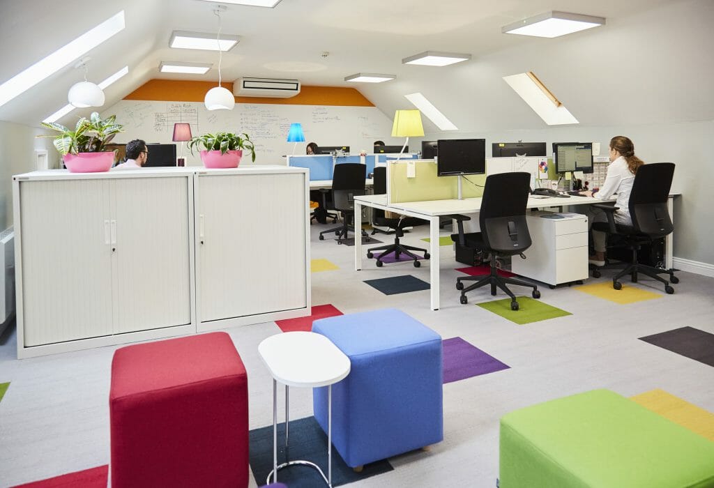 Office Refurbishment of Rainbows Children's Hospice office space, featuring bright colours, houseplants and natural light.